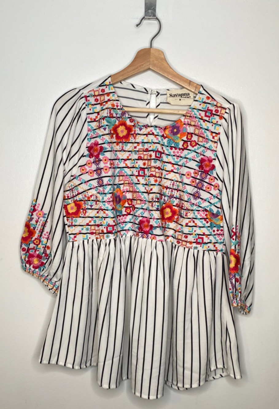 Savanna Jane Embroidered Boho Top Women's Floral Striped Peplum Blouse Size M